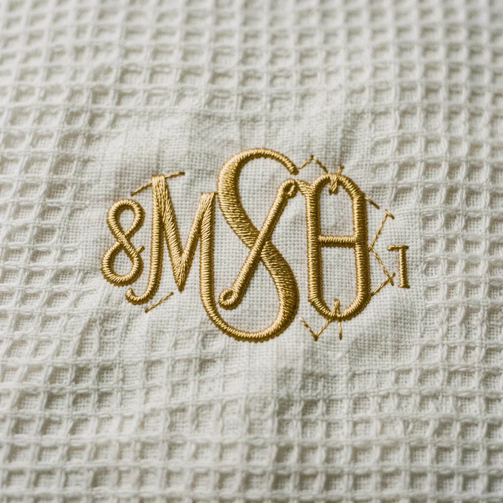 Detailed view of embroidered monogram on fabric